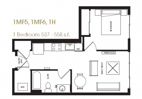 Floor plan for 1 bed, 1 bath, 558 sqft